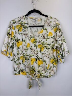 C By One Linen Blend Lemon Print Tie Front Blouse Size Medium Cottagecore Summer